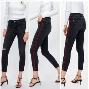Zara Black Distressed Jeans with Red Stripe Size 4